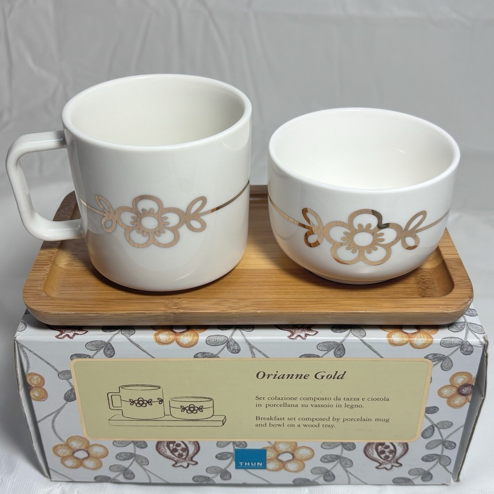 Thun Porcelain Mug/Cup Bowl Wood Tray Orianne Gold Breakfast 3 Piece Set White